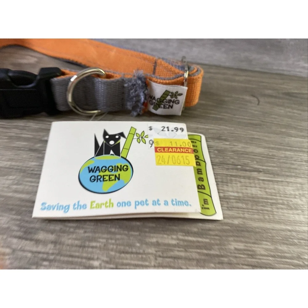 Wagging‎ Green Eco Hip Bamboo Dog Collar Medium Orange Grey 3/4